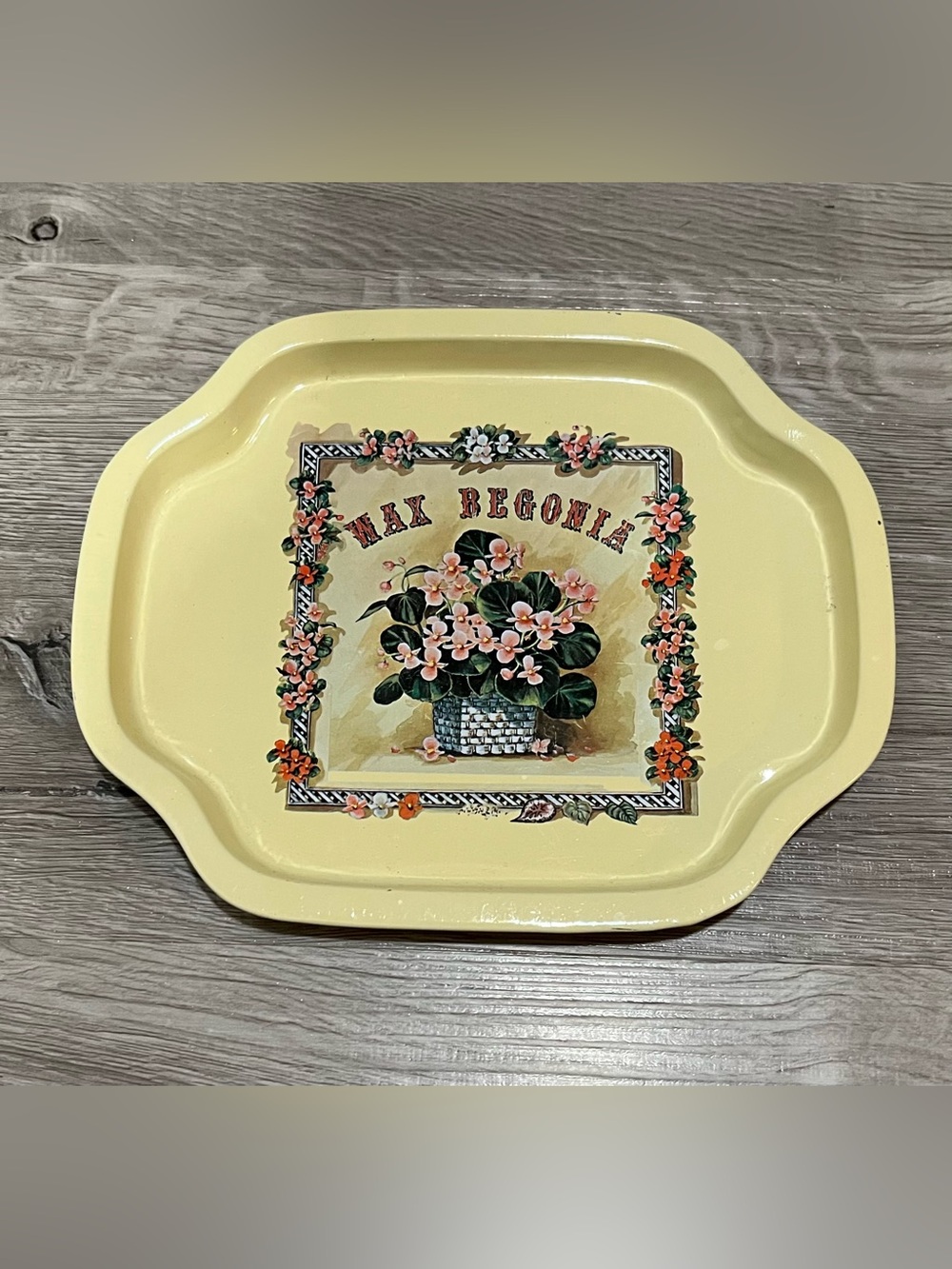 Vintage Yellow Tin Tray with Wax Begonia Floral Design
